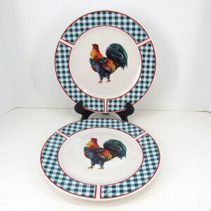 Queen's Blue Gingham Rooster Plate 10 1/2 Inch Dinner Plate Retired Lot of 2